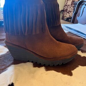 Fly London Fringe Suede Wedge Ankle Boots - Brown